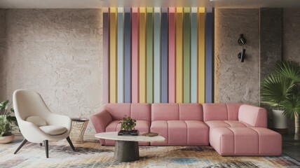 Colorful stripes panel on the stucco wall and pink sofa. Memphis postmodern style interior design of modern living room.