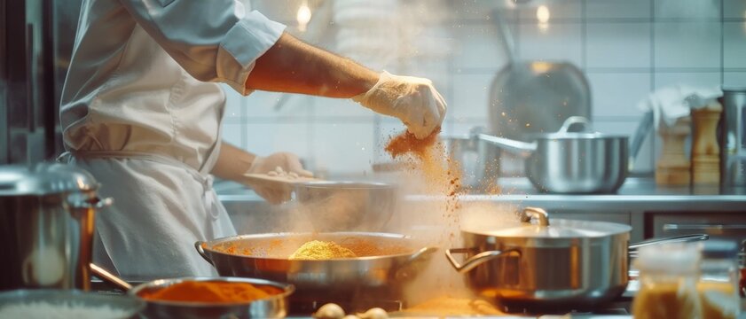 A chef sprinkles spices into a steaming pot in a busy restaurant kitchen, capturing the essence of culinary creativity in motion.