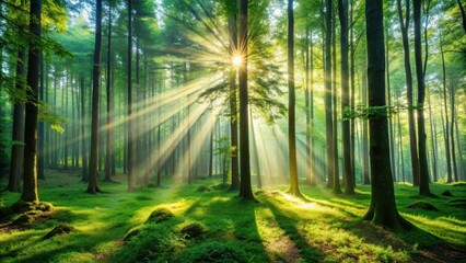 A serene image of a lush green forest with sun rays filtering through the trees, nature, conservation, environment