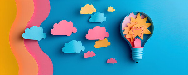 Colorful light bulb with cloud shape paper cut on bright background, idea concept of innovation and creativity, flat lay composition, copy space for design