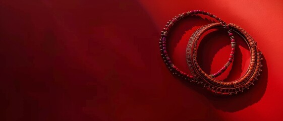 A pair of intricately designed red bangles lying on a vivid red surface, portraying elegance and vibrancy.