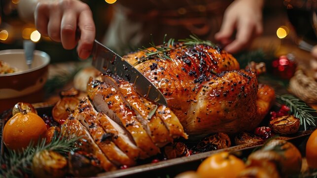 Christmas and thanksgiving holiday dinner, cutting roasted turkey on the festive table, closeup. 