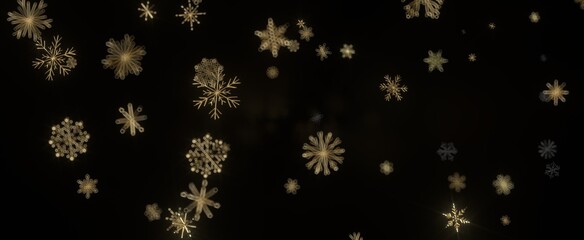 Gold snowflakes falling on black background