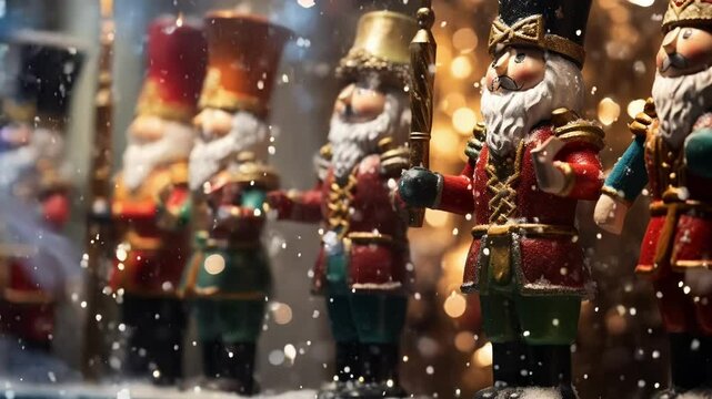 Group of toy nutcracker soldiers with red, green, gold, and white uniforms are standing in a row as snow falls in the background