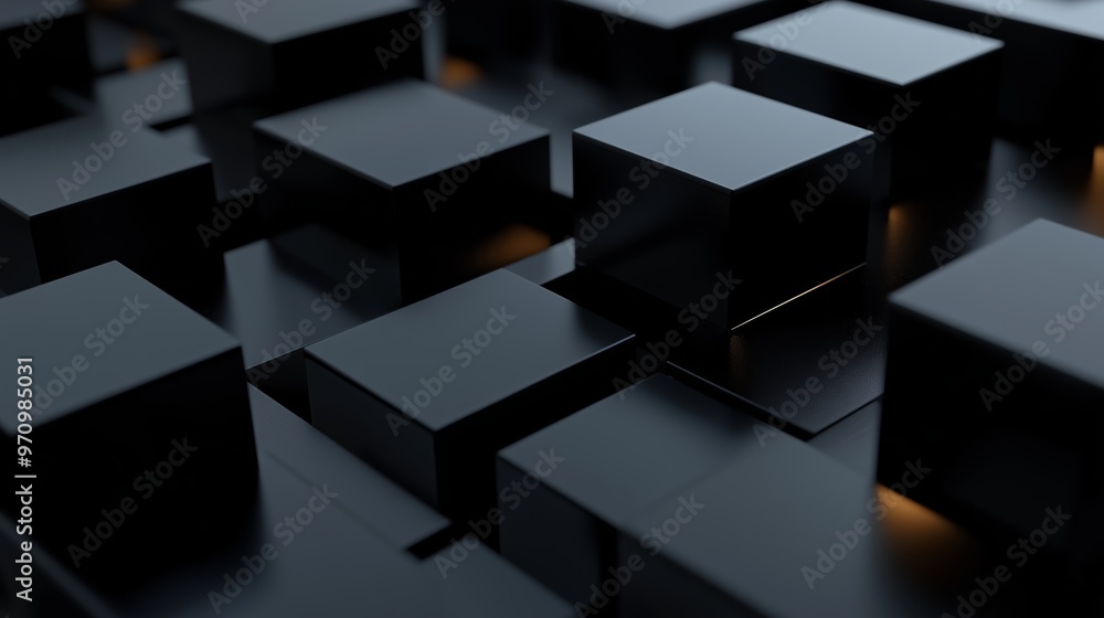Poster abstract arrangement of black cubes with varying heights and subtle lighting in a modern design sett