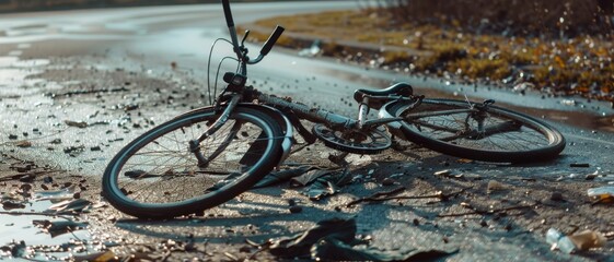 An abandoned bicycle lies on a wet road, surrounded by scattered leaves, capturing a sense of solitude and quietness.