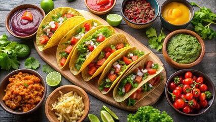 Taco bar with a variety of toppings, including cheese, lettuce, salsa, and guacamole, taco, bar, toppings, cheese, lettuce