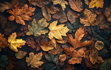 Autumn background texture. Leaves rainy clouds day.
