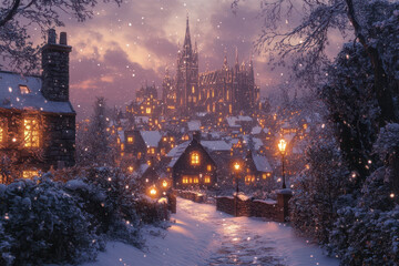 Obraz premium A snowy, medieval street in the village.