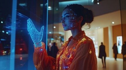 innovative ad showcasing a virtual influencer created by AI, interacting with users in real-time