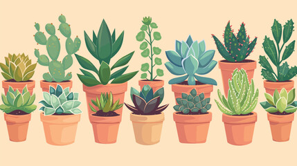 Vector illustration of various potted succulent plants in terracotta pots