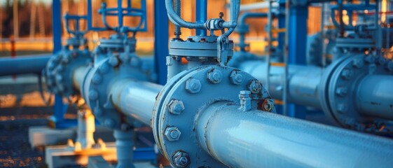 Obraz premium Industrial pipes and valves are highlighted with vivid colors and a warm glow, conveying strength and complexity of the machinery.
