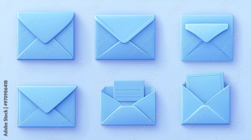 Aufkleber various blue envelope designs displayed on a light background showing different styles and open and 