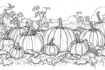 A lush pumpkin patch featuring a variety of pumpkins in various sizes, surrounded by green leaves and foliage, perfect for autumn themes.