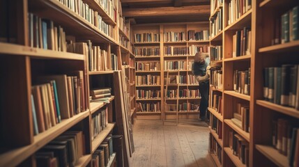 Obraz premium A Man Browsing Through Books In a Large Wooden Library