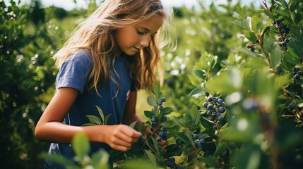 Cute young girl picking fresh berries on organic blueberry farm on warm and sunny summer day. Neural network ai generated art