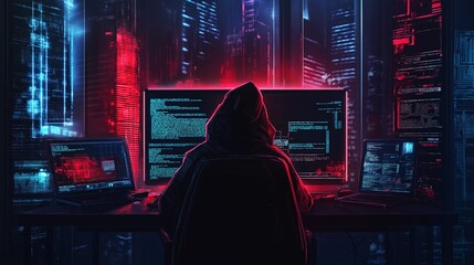 Hacker in a red and blue illuminated room working on multiple computer screens
