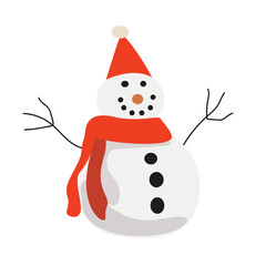 Vector Snowman for Christmas Card. Merry Christmas and Happy New Year greeting card. Cute snowman in a flat style on a white background
