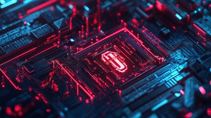 Obraz premium Circuit with glowing red security symbol