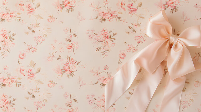 Fototapeta Light pink floral pattern with white lace ribbon bow border suitable as an elegant baby girl nursery wallpaper