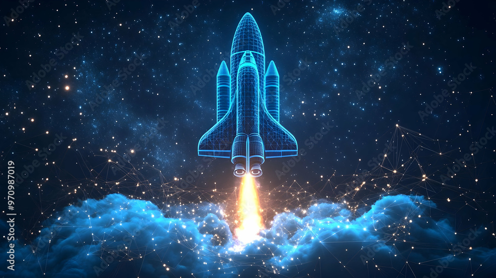 Poster spacecraft launch through cosmic network - abstract space exploration animation