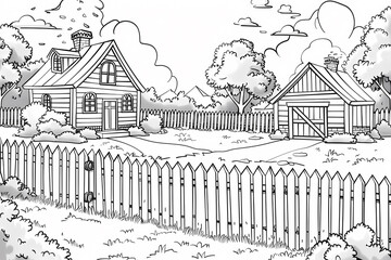 Charming black and white illustration of a countryside scene featuring a quaint house and a barn surrounded by trees and a picket fence.