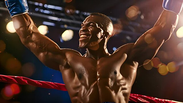 Athlete triumphantly raises their arms after winning a boxing match, showcasing determination and skill in the ring
