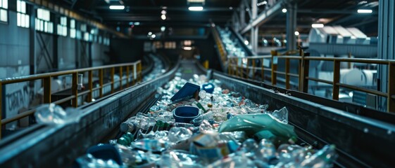 Fototapeta premium A long conveyor belt loaded with assorted plastic items, set within an expansive, industrial recycling plant.