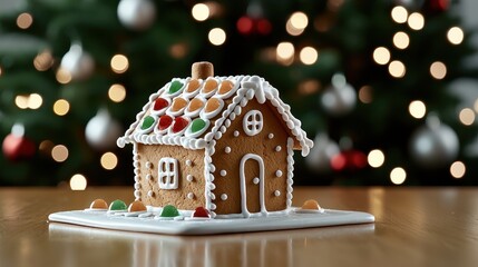 Enchanting Christmas Scene with Gingerbread House and Festive Tree Backdrop