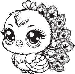 A peacock lineart coloring book illustration for kids