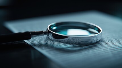 Magnifying Glass on Document with Highlighted Text in Dark Room, Symbolizing Investigation and Research