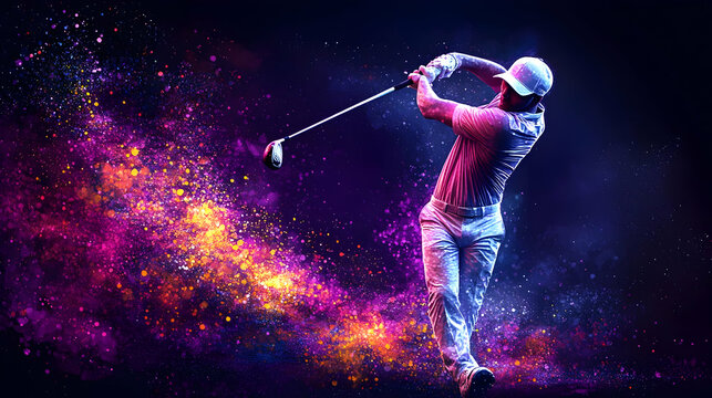 Golfer Swings a Club with Colorful Abstract Background, Dynamic Sport Action,  Energetic Golf Shot