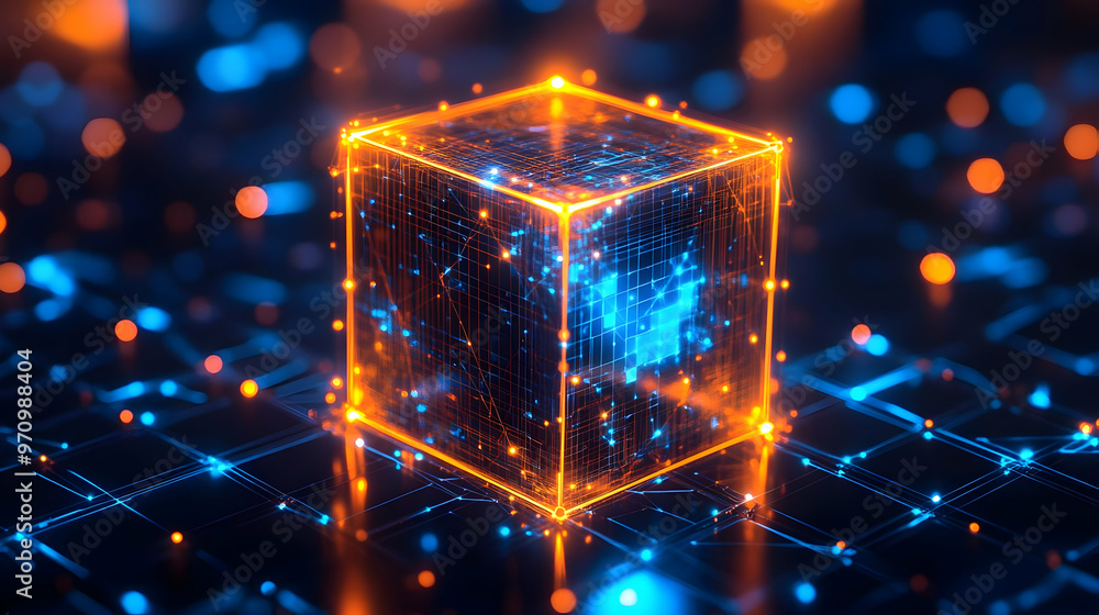 Poster abstract 3d cube with glowing lines and lights on digital circuitry background, futuristic technolog