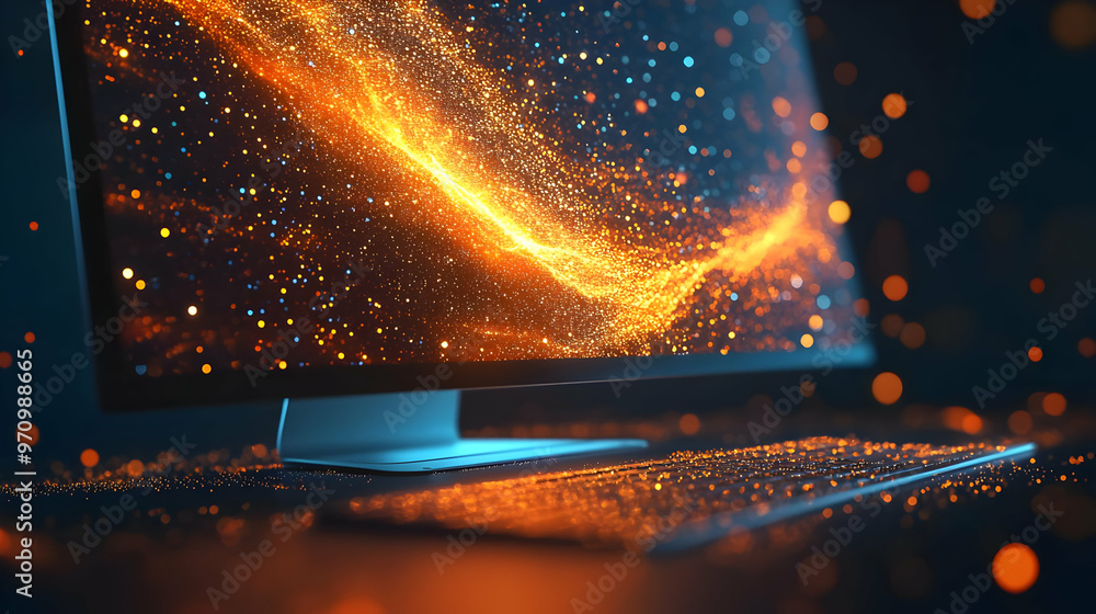 Poster abstract gold and blue particles flowing on computer screen abstract background animation