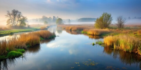 Fototapeta premium A river flowing through a swamp in a foggy landscape, river, swamp, misty, foggy, landscape, nature, tranquility, wetland