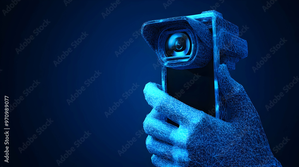 Poster a hand holding a camera with a lens, capturing a moment in time with a wireframe visual style