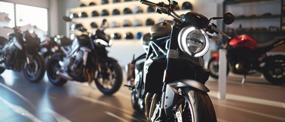 Fototapeta premium Sleek, modern motorcycles with gleaming finishes on display in a stylish, well-lit showroom, showcasing innovation and design.