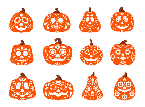 Mexican pumpkins, dia de los muertos characters with sugar skull pattern. Vector funny and spooky Halloween calaca gourd faces, symbol of celebration of rich heritage, culture and folklore of Mexico