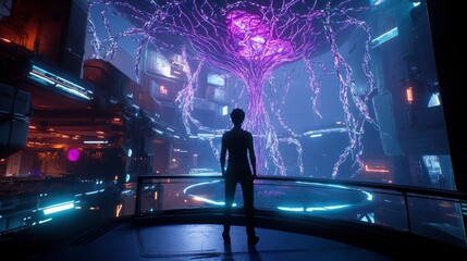 Cyberpunk Wonderland: Neon Tree in Futuristic Cityscape