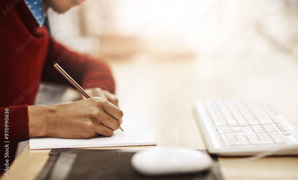 Leinwandbilder writing, education and hands of student in university for research, it course and notes at computer.