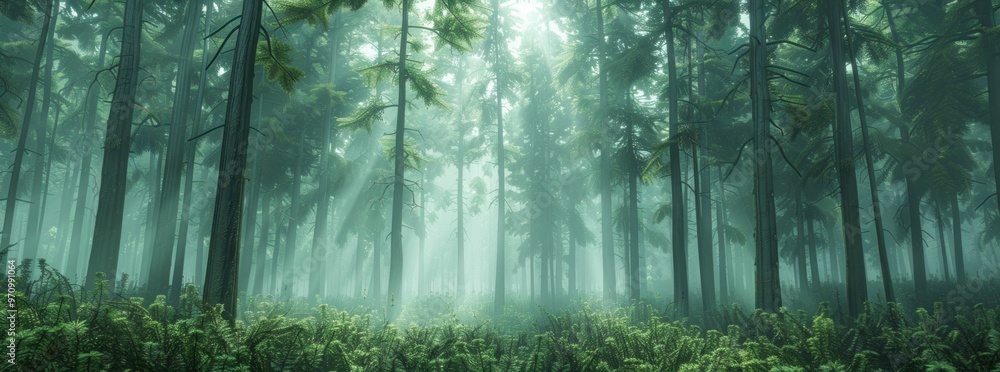 Poster lush green forest with sunlight filtering through trees, creating a serene atmosphere