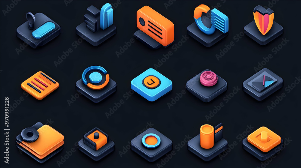 Wall mural colorful isometric 3d icon set for user interface design - perfect for app development and website d