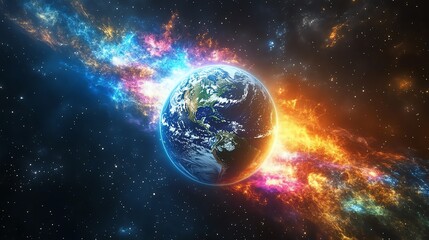 Fototapeta premium A breathtaking view of Earth surrounded by colorful cosmic elements, showcasing the beauty of our planet set against the universe.