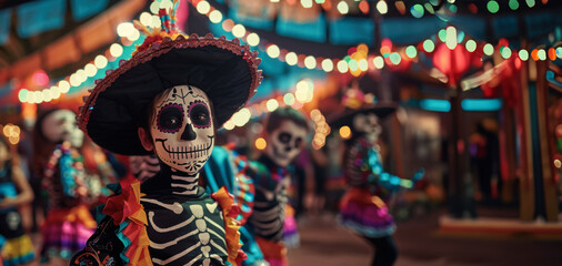 A vibrant street parade celebrating D&iacute;a de los Muertos with participants in traditional makeup and costumes, embracing the festive spirit.