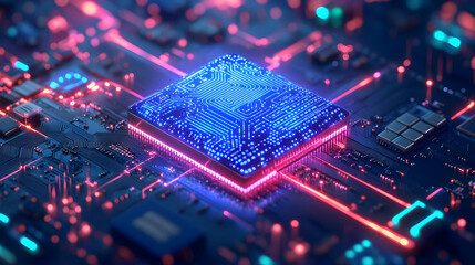 Abstract Circuit Board with Glowing Lines and a Central Processor