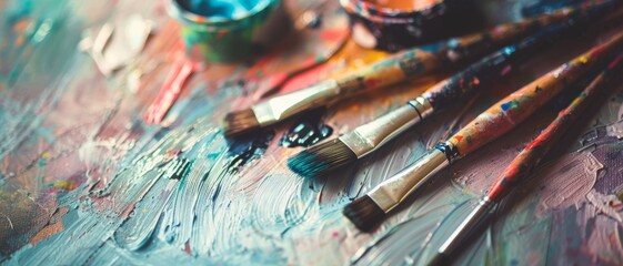 Obraz premium A colorful close-up of used paintbrushes against a textured palette, capturing the chaos and creativity of an artist's workspace.