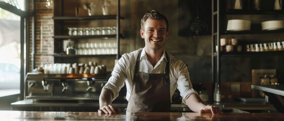A smiling barista wearing an apron stands confidently at the counter of a rustic coffee shop, exuding warmth and friendliness.