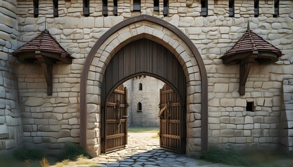 Majestic architectural gate of a Medieval fortress showcasing historical grandeur and robust design