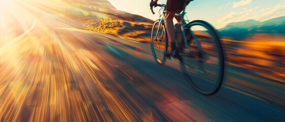 A dynamic shot captures a cyclist speeding down a sunlit road, with vibrant motion blurs evoking a sense of adventure and exhilaration in the vast outdoors.