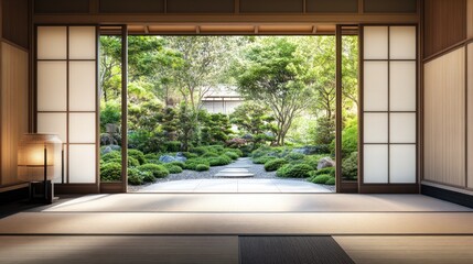 Fototapeta premium Japanese Interior Design with Sliding Doors & Garden View